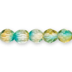 Bead, Czech firepolish, 6mm round faceted two tone, ORANGE/AQUA
