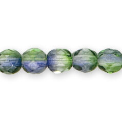 Bead, Czech firepolish, 6mm round faceted two tone, PERIDOT/LAVENDER