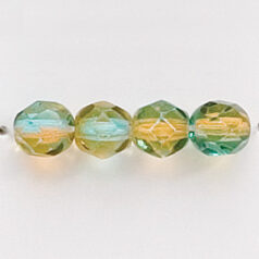Bead, Czech firepolish, 6mm round faceted two tone, BLUE ZIRCON/ORANGE