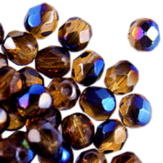 Bead, Czech firepolish, 6mm round faceted azure, SMOKE TOPAZ