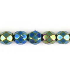 Bead, Czech firepolish, 6mm faceted iris metallic, GREEN
