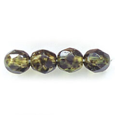 Bead, Czech firepolish, 6mm round faceted speckled, OLIVE