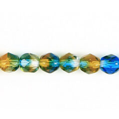 Bead, Czech firepolish, 6mm round faceted multicolor, CRYSTAL/TOPAZ/TEAL