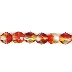Bead, Czech firepolish, 6mm round faceted multicolor, CRYSTAL/TOPAZ/RUBY