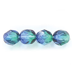 Bead, Czech firepolish, 6mm round faceted two tone, SAPPHIRE/EMERALD