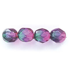 Bead, Czech firepolish, 6mm round faceted two tone, EMERALD/FUCHSIA