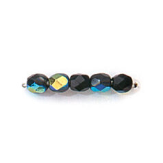 Bead, Czech firepolish, 4mm faceted round, JET AB