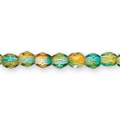 Bead, Czech firepolish, 4mm round faceted two tone, ORANGE/AQUA