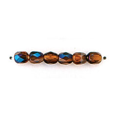 Bead, Czech firepolish, 4mm round faceted azure, SMOKE TOPAZ