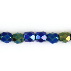 Bead, Czech firepolish, 4mm faceted iris metallic, GREEN