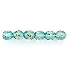 Bead, Czech firepolish, 4mm faceted round speckled, GREEN AQUA