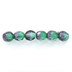 Bead, Czech firepolish, 4mm round faceted two tone, EMERALD/BLACK DIAMOND