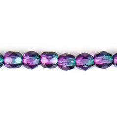 Bead, Czech firepolish, 4mm round faceted two tone, EMERALD/FUCHSIA