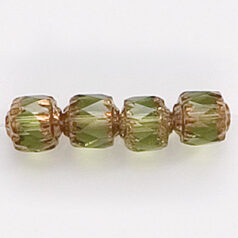 Bead, Cathedral Czech Fire Polish, 6mm faceted barrel, LIGHT OLIVINE