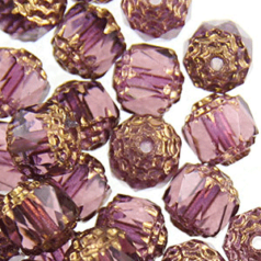 Bead, Cathedral Czech Fire Polish, 8mm faceted barrel, AMETHYST