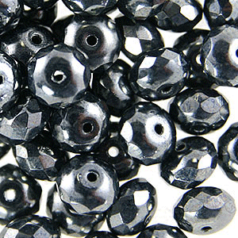 Bead, Czech firepolish, 9mm faceted rondelle - Hematite
