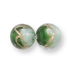 Bead, Preciosa Czech Handmade Lampwork Beads, 10mm Round Two-Tone Goldswirl - Emerald/Seafoam