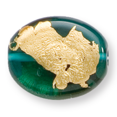 Bead, Preciosa Czech Handmade Lampwork Beads, 22x18mm Flat Oval w/Goldfoil - Green Aqua