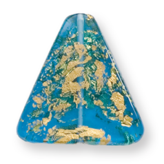 Bead, Preciosa Czech Handmade Lampwork Beads, 35x33mm Triangle Goldfoil Trans. - Blue Aqua