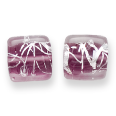 Bead, Preciosa Czech Handmade Lampwork Beads, 12mm Flat Square Silverswirl - Amethyst