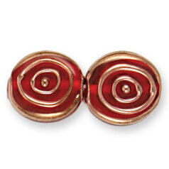 Bead, Preciosa Czech Handmade Lampwork Beads, 16x14mm Flat Oval Goldwire Spiral Dot - Ruby