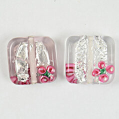 Bead, Preciosa Czech Handmade Lampwork Beads, 15x15mm Square w/Flowers - Crystal