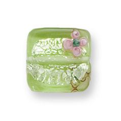 Bead, Preciosa Czech Handmade Lampwork Beads, 15x15mm Square w/Flowers - Peridot