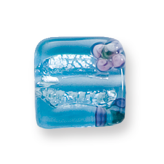 Bead, Preciosa Czech Handmade Lampwork Beads, 15x15mm Square w/Flowers - Aqua