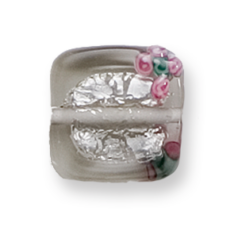 Bead, Preciosa Czech Handmade Lampwork Beads, 15x15mm Square w/Flowers - Grey