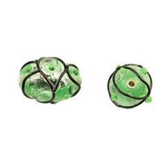 Bead, Preciosa Czech Handmade Lampwork Beads, 14x10mm Oval Silverlined Blacklace - Pale Green