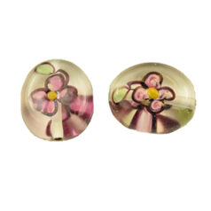 Bead, Preciosa Czech Handmade Lampwork Beads, 18x15mm Flat Oval Pink Flower on Crystal