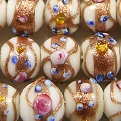 Bead, Venetian 10mm Opaque White Round with Gold Banding and Rose Pattern, holesize: 2mm