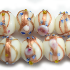 Bead, Venetian 10mm Opaque White Round with Gold Banding and Rose Pattern, holesize: 2mm