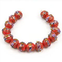 Bead, Venetian 10mm Opaque Red Round with Gold Banding and Rose Pattern, holesize: 2mm