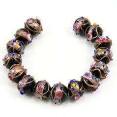 Bead, Venetian 10mm Opaque Black Round with Gold Banding and Rose Pattern, holesize: 2mm