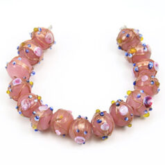 Bead, Venetian 10mm Opaque Pink Round with Gold Banding and Rose Pattern, holesize: 2mm