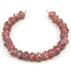 Bead, Venetian 6mm Transparent Pink Round with Gold Banding and Rose Pattern, holesize: 2mm