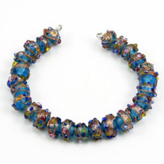 Bead, Venetian 6mm Transparent Aqua Round with Gold Banding and Rose Pattern, holesize: 2mm