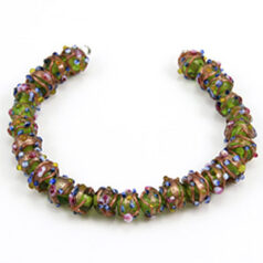 Bead, Venetian 6mm Transparent Peridot Round with Gold Banding and Rose Pattern, holesize: 2mm