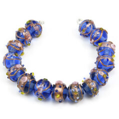 Bead, Venetian 10mm Transparent Sapphire Round with Gold Banding and Rose Pattern, holesize: 2mm