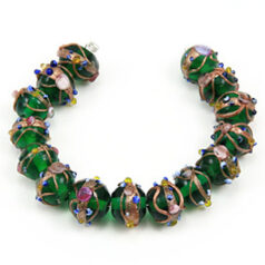 Bead, Venetian 10mm Transparent Emerald Round with Gold Banding and Rose Pattern, holesize: 2mm