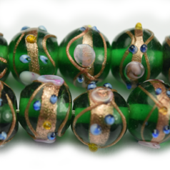 Bead, Venetian 10mm Transparent Emerald Round with Gold Banding and Rose Pattern, holesize: 2mm