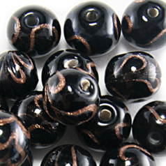 12mm Round Gold Swirl Glass Bead - Black