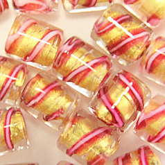 Beads, 8.5x10mm 24 Karat Gold Foil Tubes, PINK STRIPE