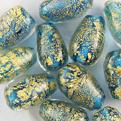 Beads, 24 Karat Gold Drop with Silverfoil, AQUA