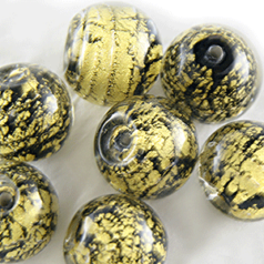 14mm Round 24KT Goldfoil Venetian Glass Bead - Black