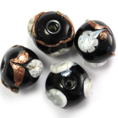 12mm Round w/Fiori Cane Glass Bead  - Black
