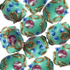 11x13mm Oval Floral Glass Bead - Green/Gold