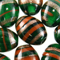 Beads, 14x11mm Oval, Goldstripe, GREEN