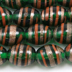 Beads, 14x11mm Oval, Goldstripe, GREEN